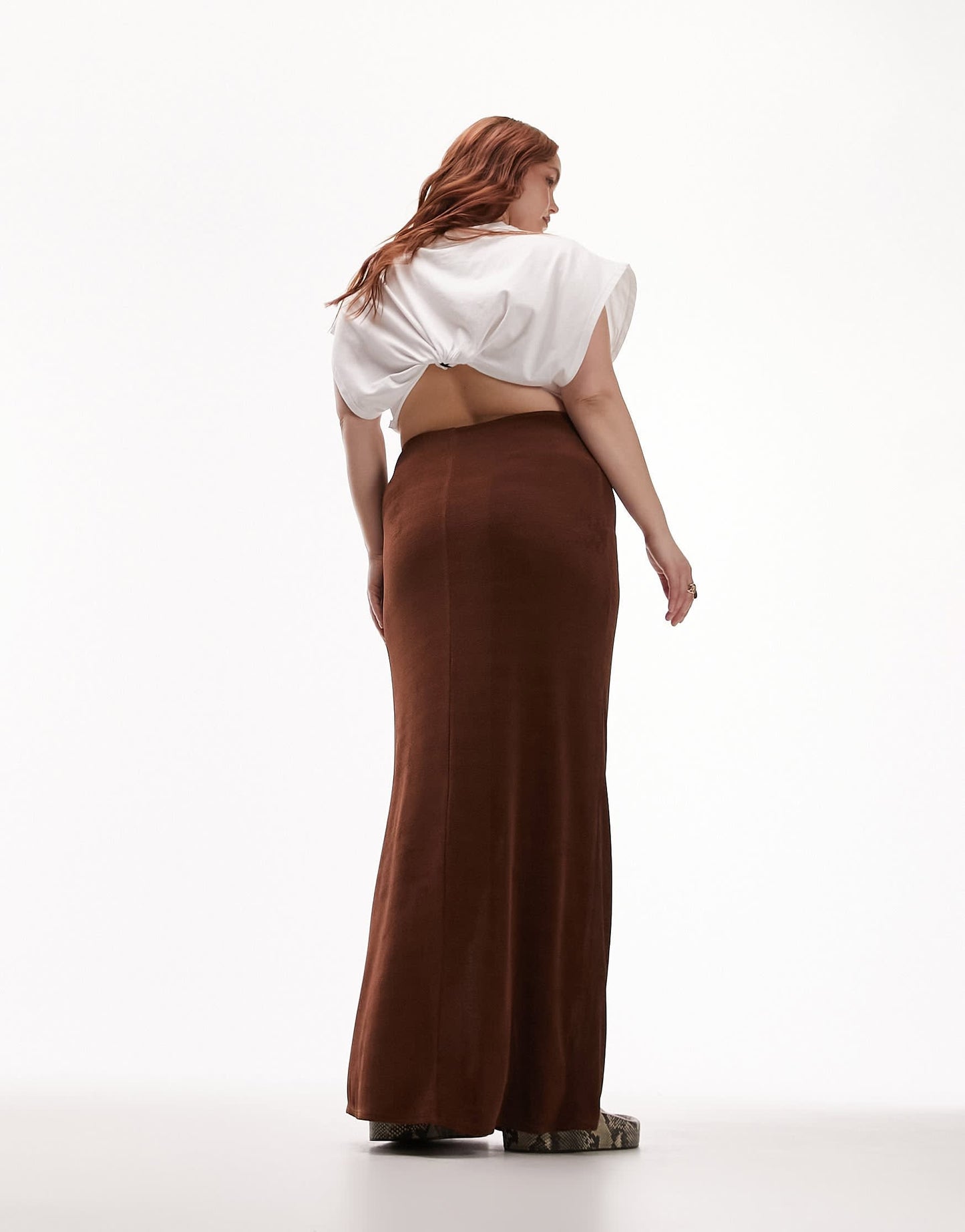 Topshop Curve slinky twist front maxi skirt in chocolate