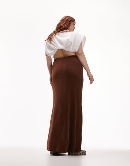 Topshop Curve slinky twist front maxi skirt in chocolate