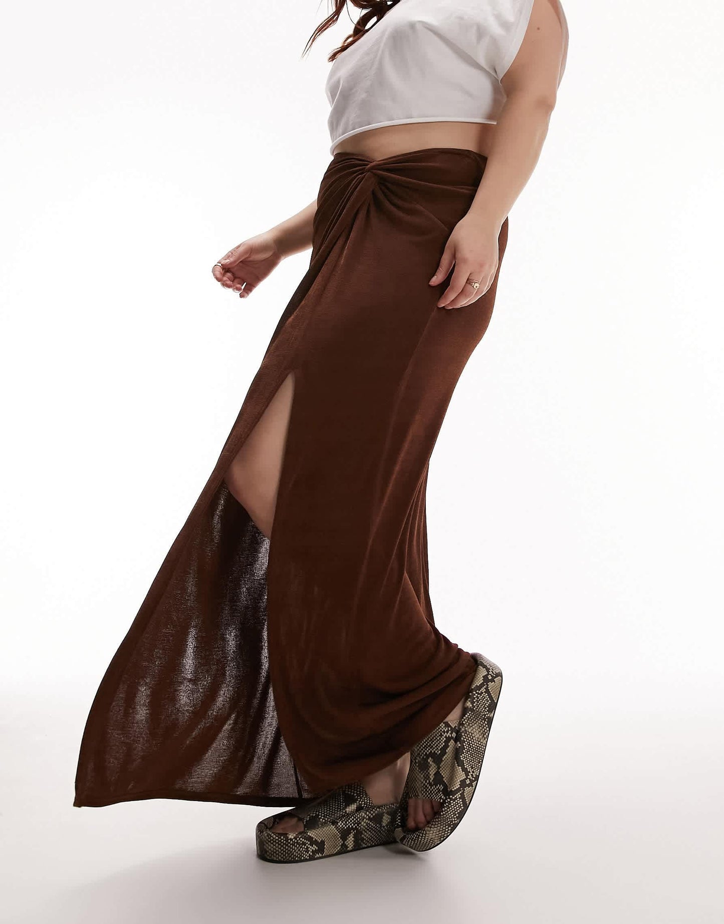 Topshop Curve slinky twist front maxi skirt in chocolate
