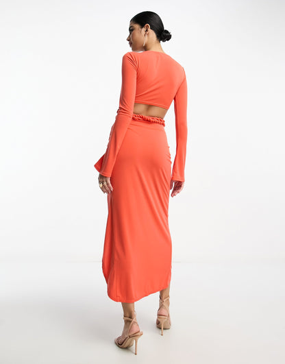 ASOS DESIGN long sleeve two pieced rope detail midi dress in burnt coral