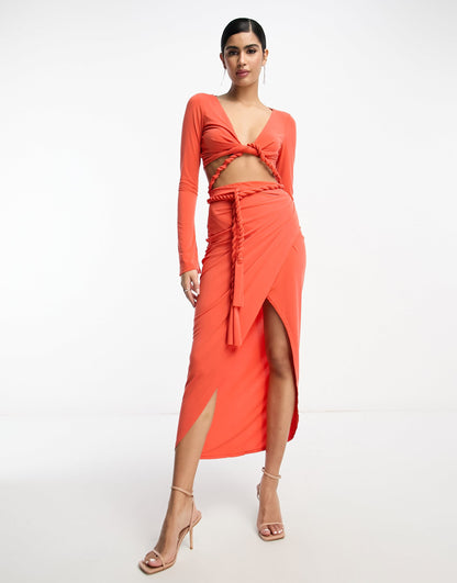 ASOS DESIGN long sleeve two pieced rope detail midi dress in burnt coral