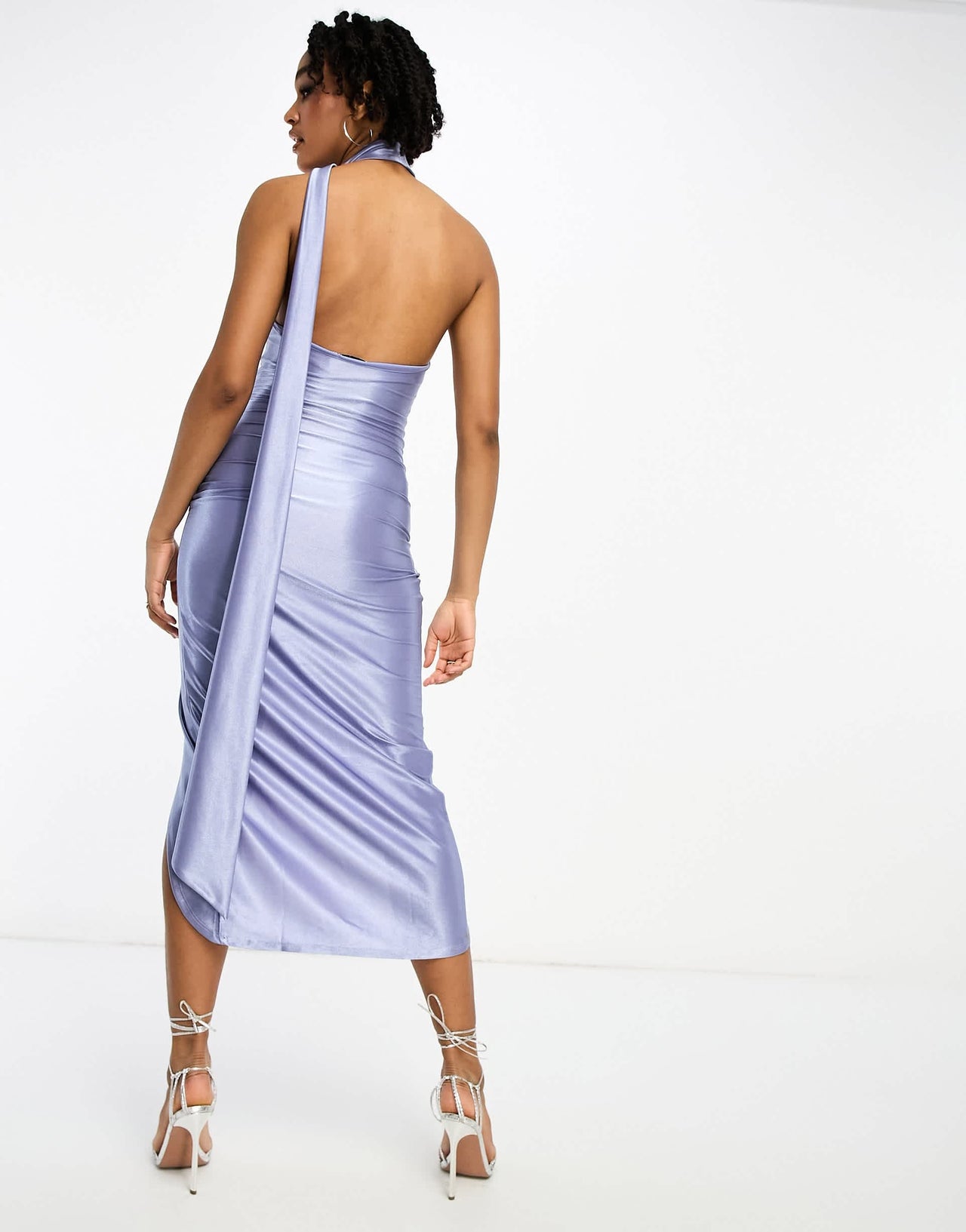ASOS DESIGN Tall one shoulder tie stretch satin midi dress in slate blue
