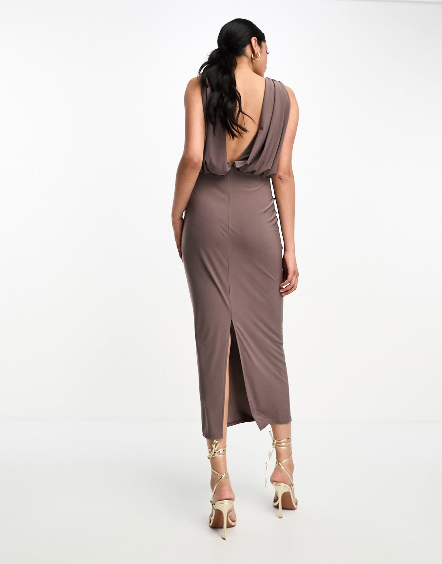 ASOS DESIGN plunge front tie midi dress in mocha brown