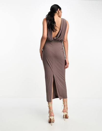 ASOS DESIGN plunge front tie midi dress in mocha brown