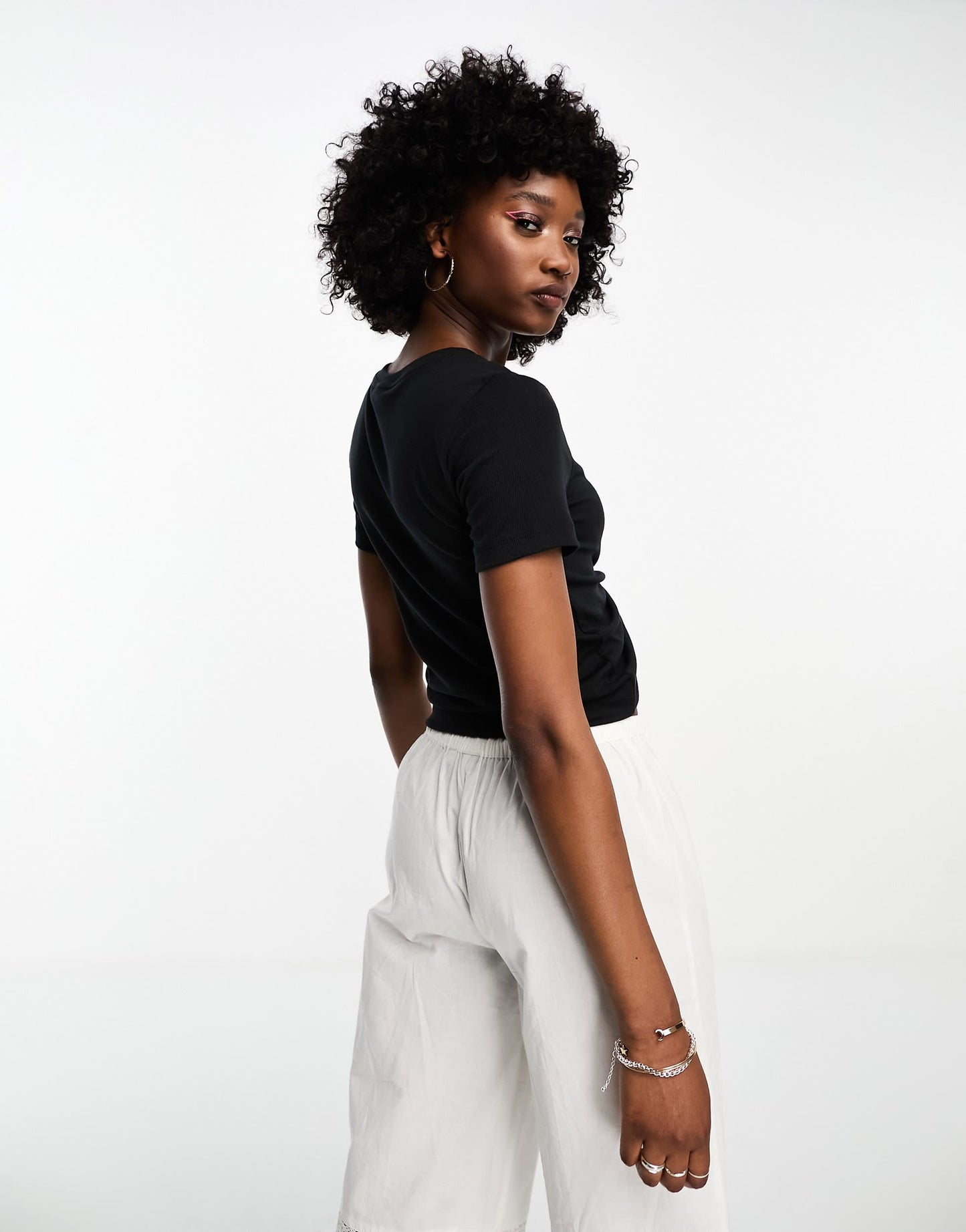 Nike mini swoosh rib tie front t-shirt in black