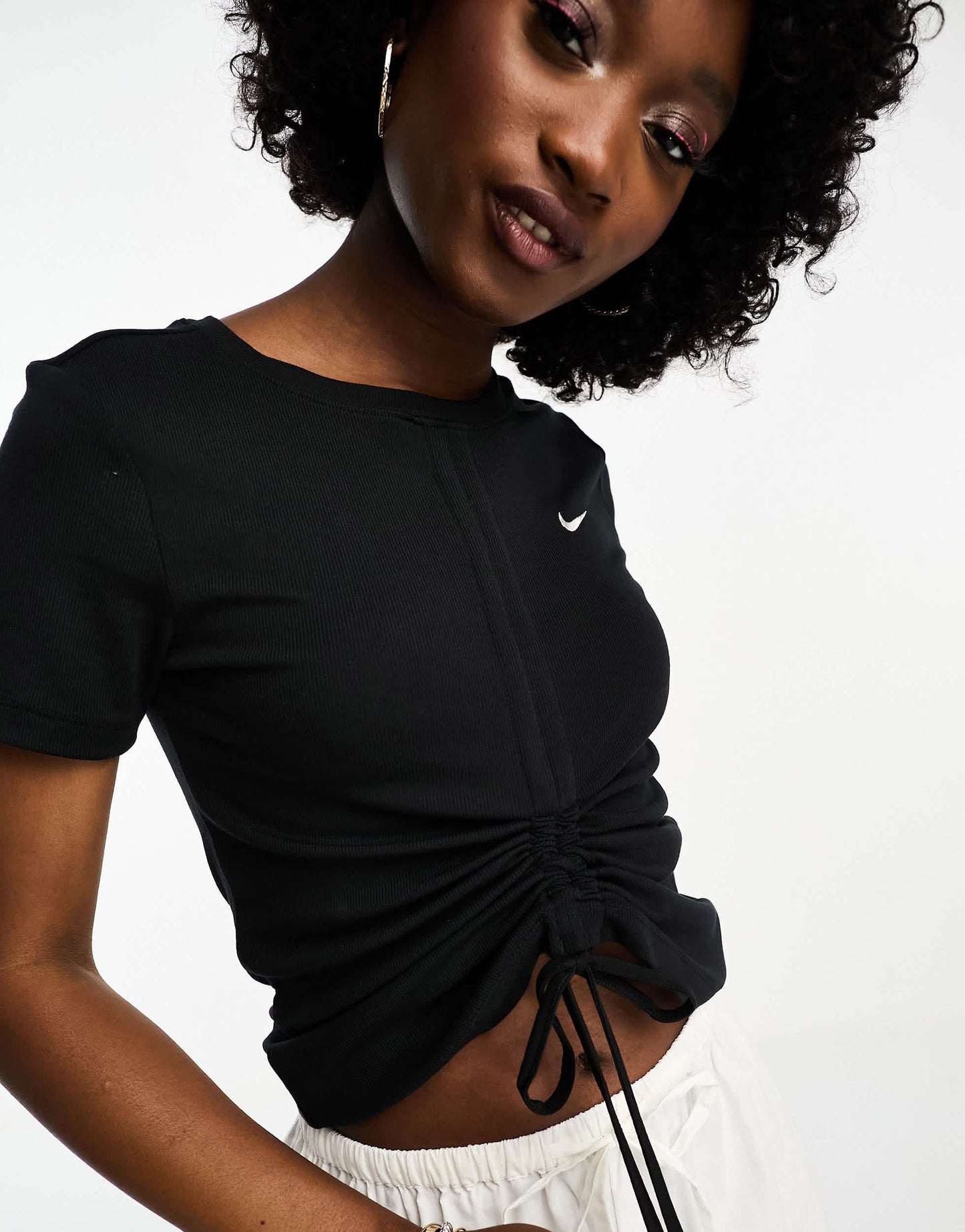 Nike mini swoosh rib tie front t-shirt in black