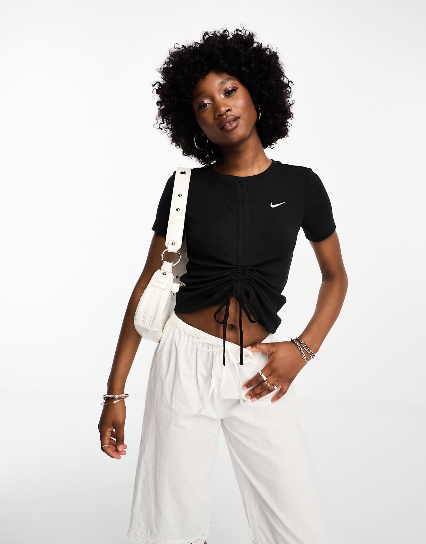 Nike mini swoosh rib tie front t-shirt in black
