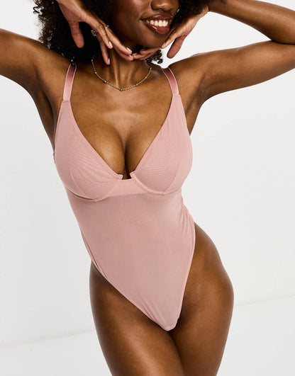 ASOS DESIGN Fuller Bust Mila mesh smoothing underwired body in mink