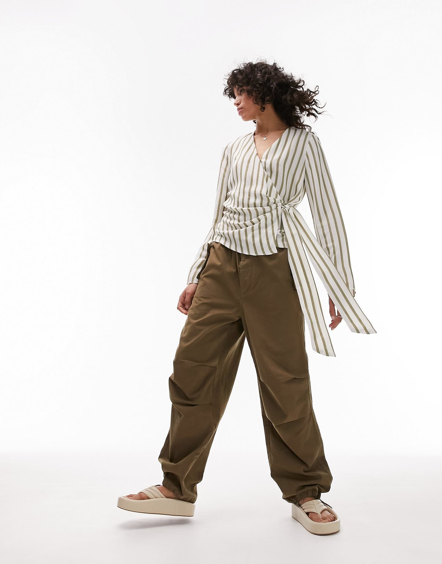 Topshop stripe wrap top in olive