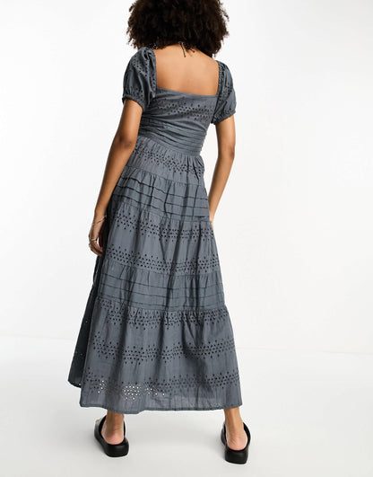 ASOS DESIGN broderie button through tiered maxi tea dress in slate grey