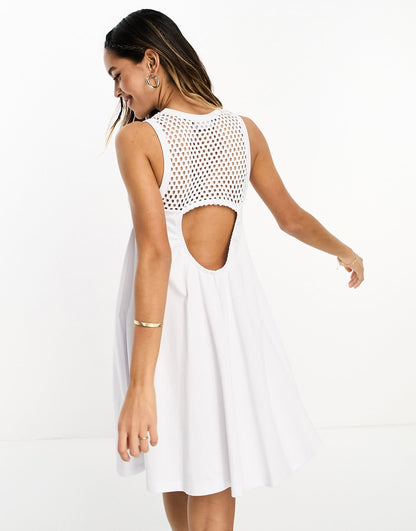 ASOS DESIGN sleeveless crochet neck mini dress in white
