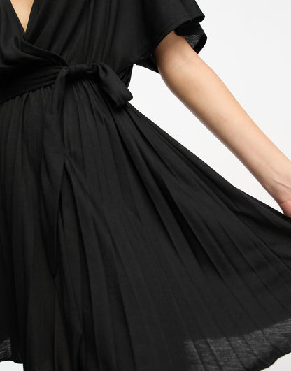 ASOS DESIGN short sleeve wrap mini pleat dress with belt