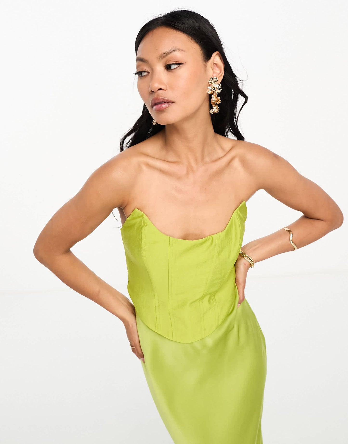 ASOS DESIGN bandeau contrast fabric slip maxi dress with corset detail in olive green