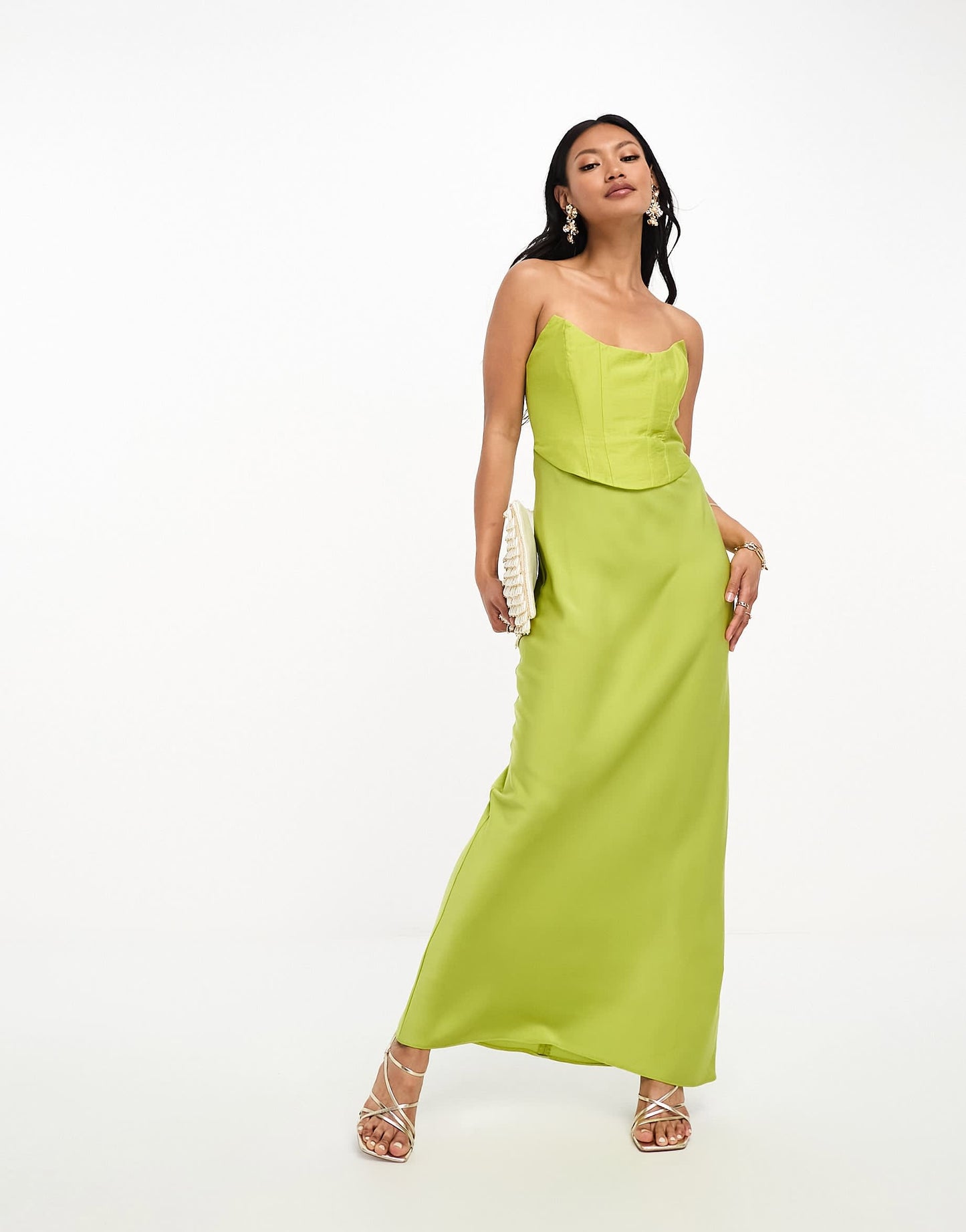 ASOS DESIGN bandeau contrast fabric slip maxi dress with corset detail in olive green