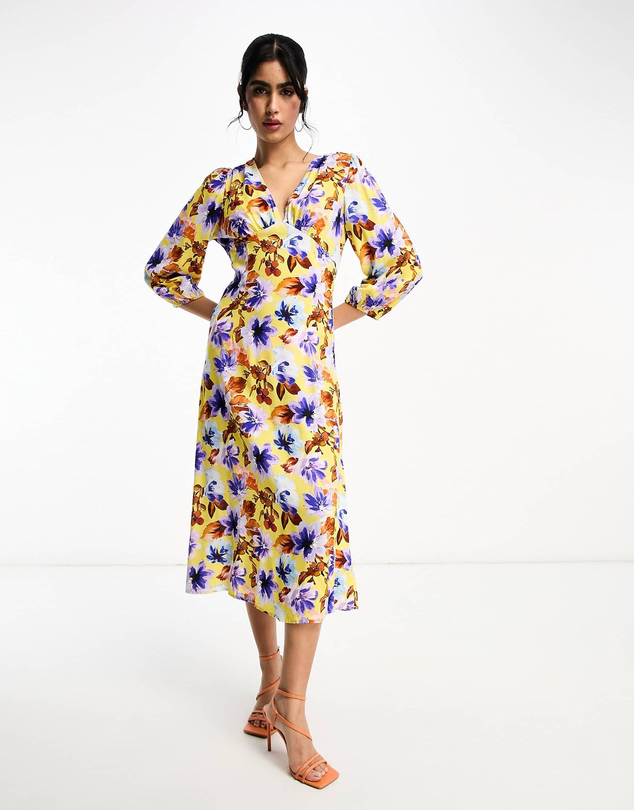Y.A.S v neck midi dress in orange floral print