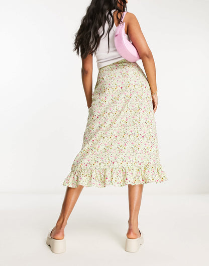 Vero Moda wrap front midi skirt in green florals