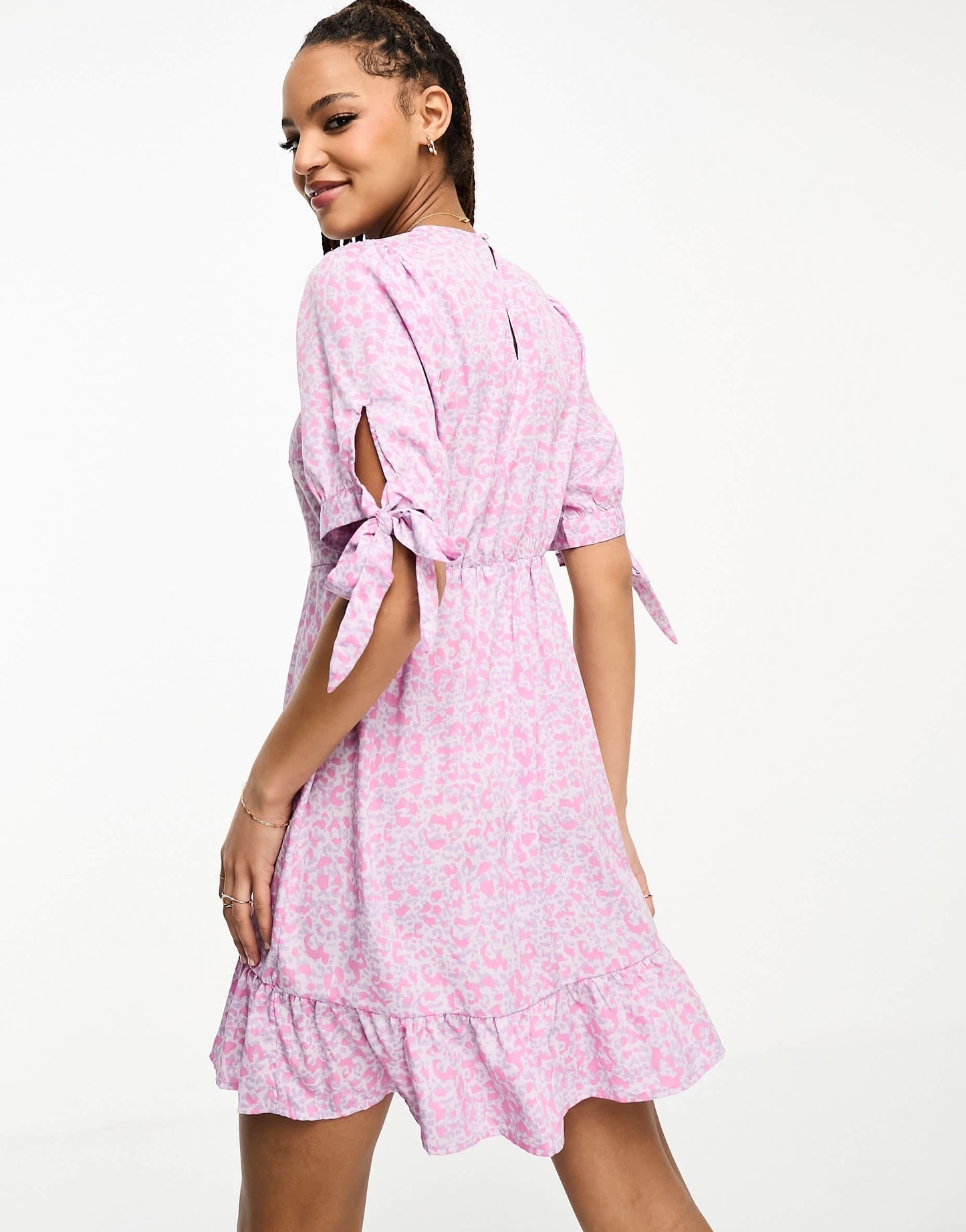 Vero Moda tie sleeve animal print mini dress in pink and lilac