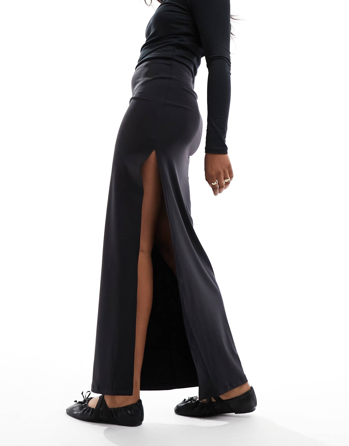 Bershka ribbed midaxi skirt in black