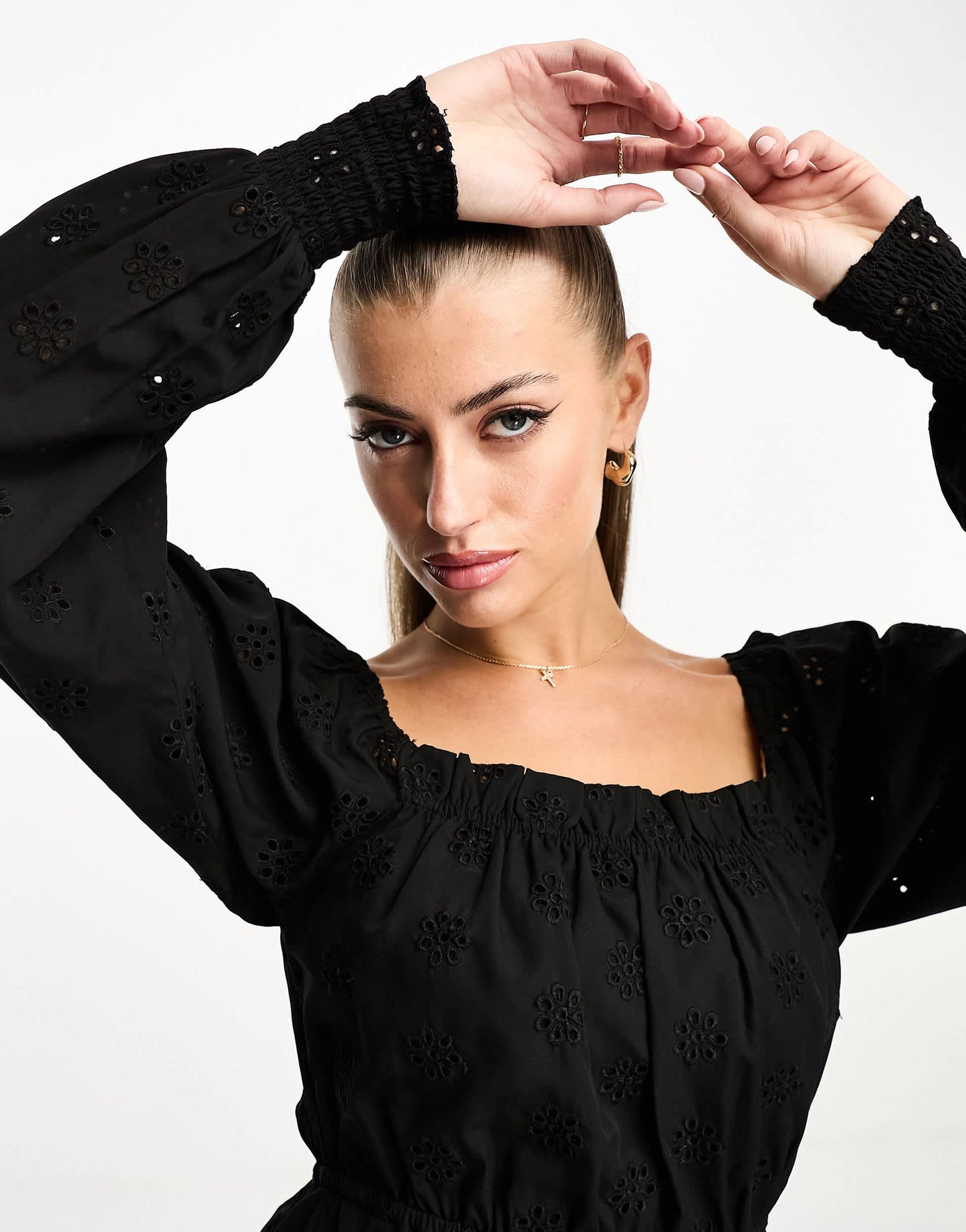 Threadbare broderie long sleeve mini dress in black