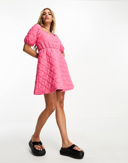 Threadbare quilted puff sleeve mini dress in pink