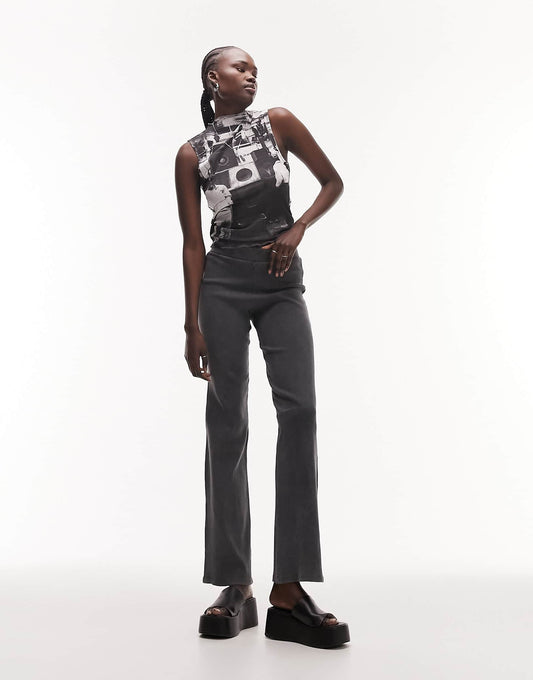 Topshop Tall acid wash rib straight leg trouser in charcoal