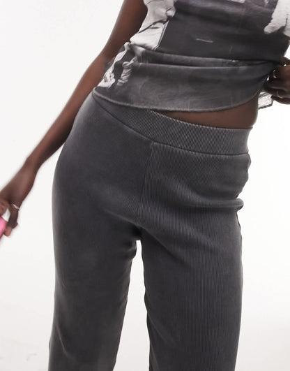Topshop Tall acid wash rib straight leg trouser in charcoal