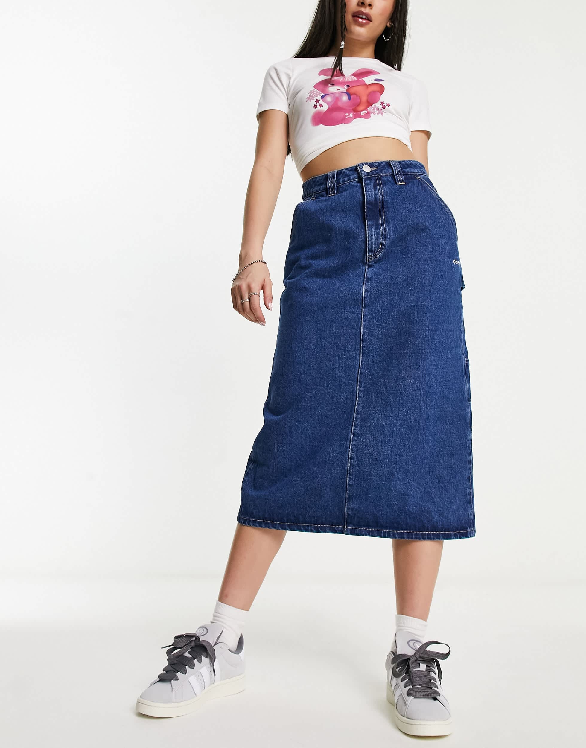 Obey juniper midi denim skirt in blue