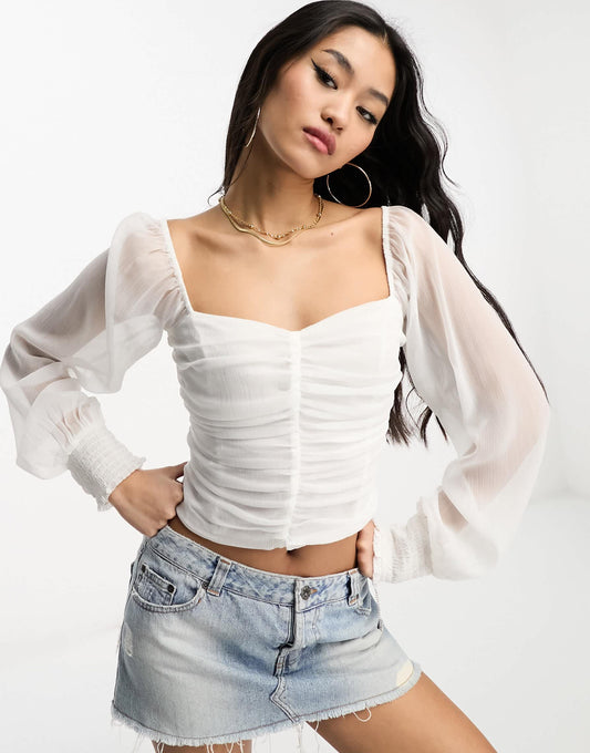 Hollister chiffon long sleeve ruched top in white