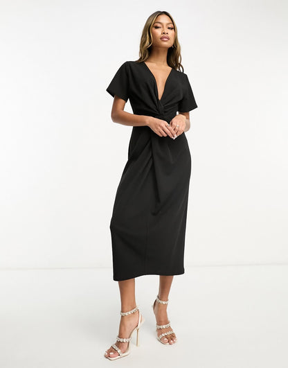 ASOS DESIGN twist front midi dress with short sleeve in black