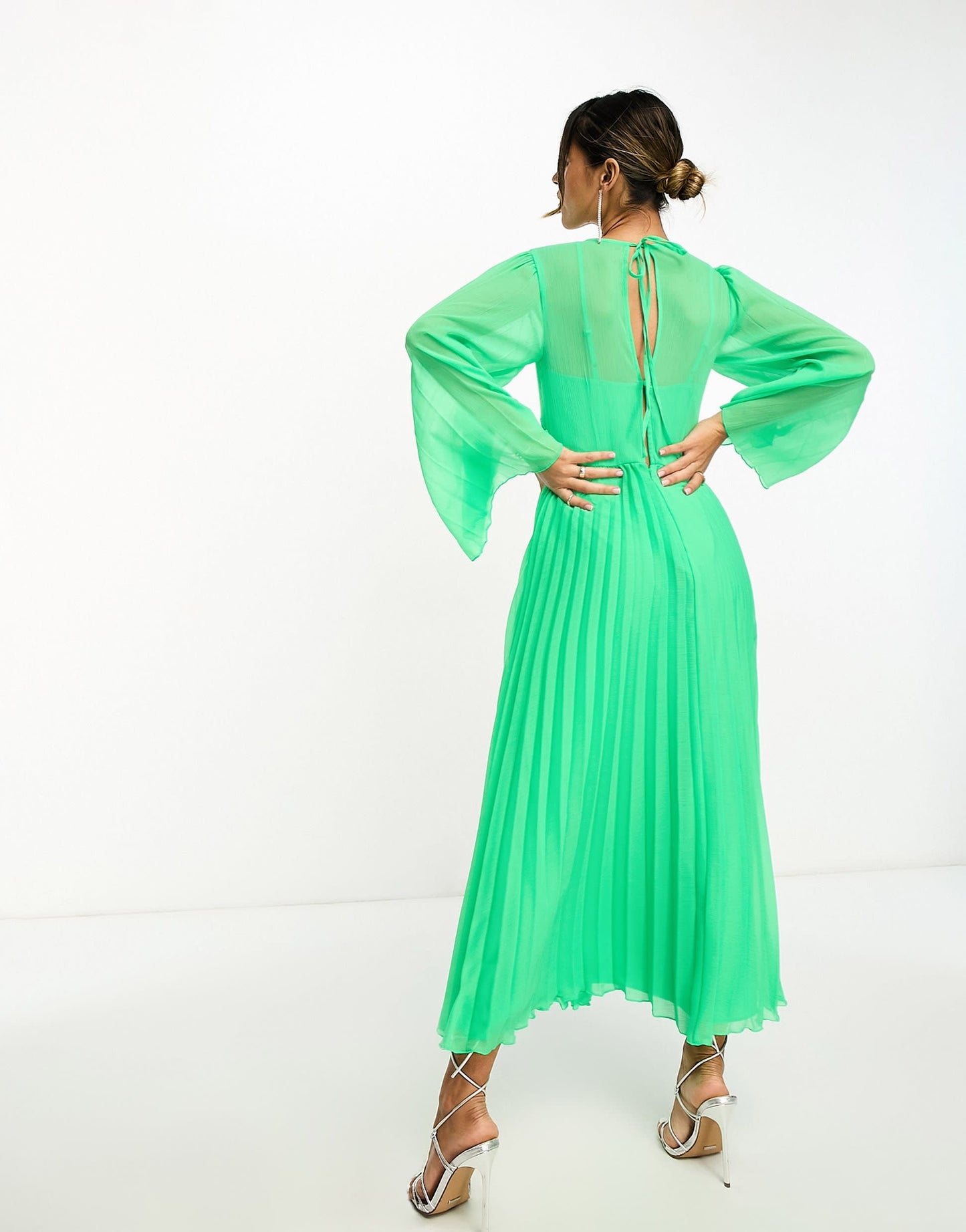 ASOS DESIGN tie back fluted sleeve pleated midi dress in green