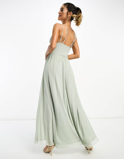 ASOS DESIGN cami ruched lace up back maxi dress in sage green
