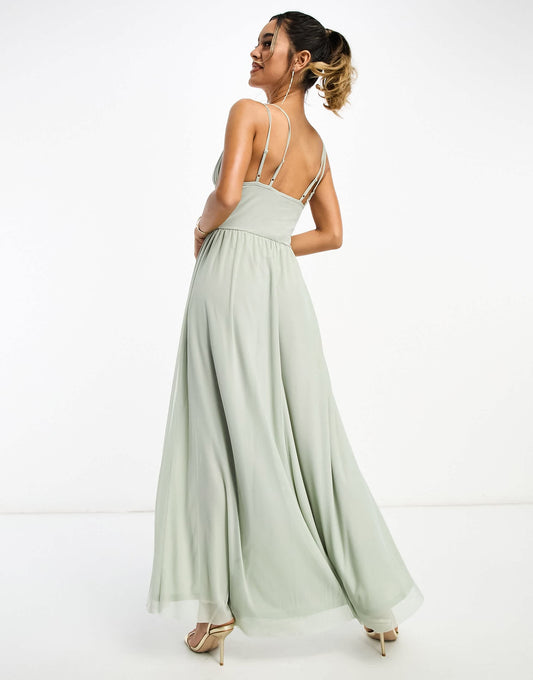 ASOS DESIGN cami ruched lace up back maxi dress in sage green