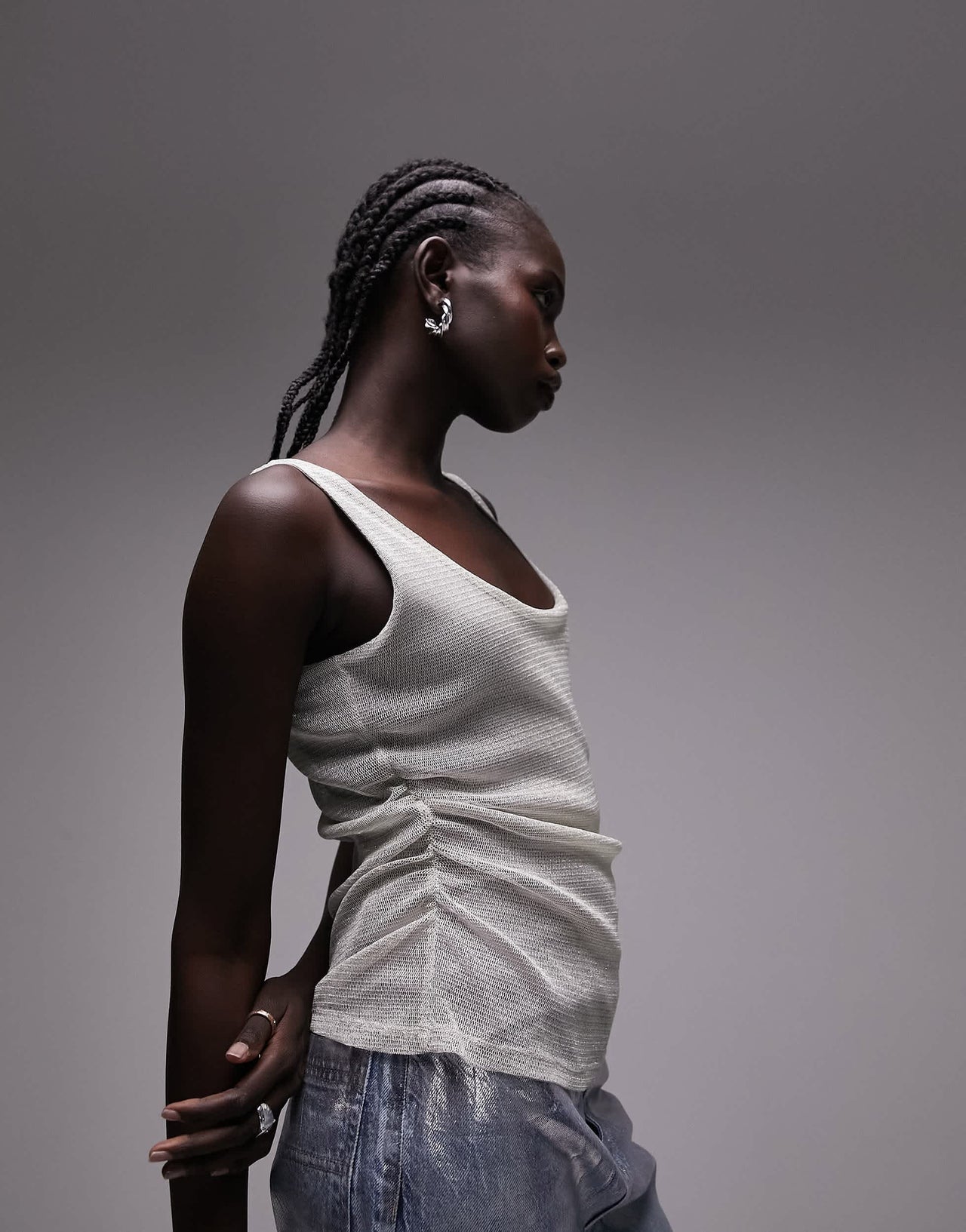 Topshop sheer shimmer ruched side vest top in silver