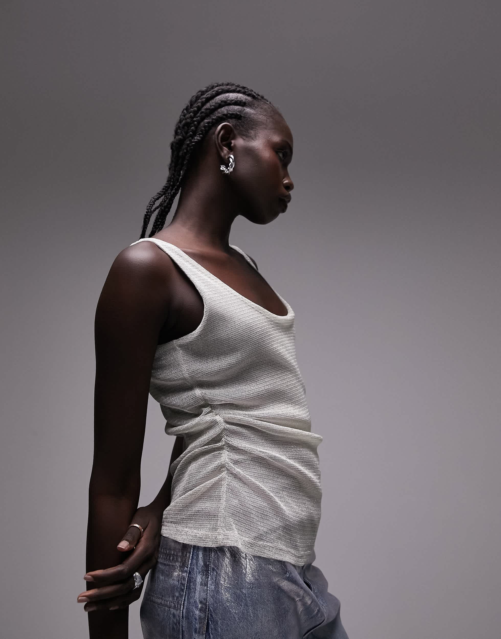 Topshop sheer shimmer ruched side vest top in silver