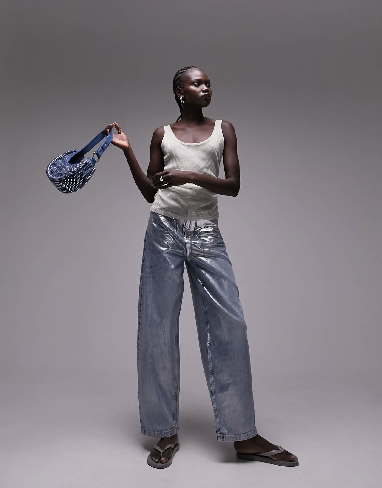 Topshop sheer shimmer ruched side vest top in silver