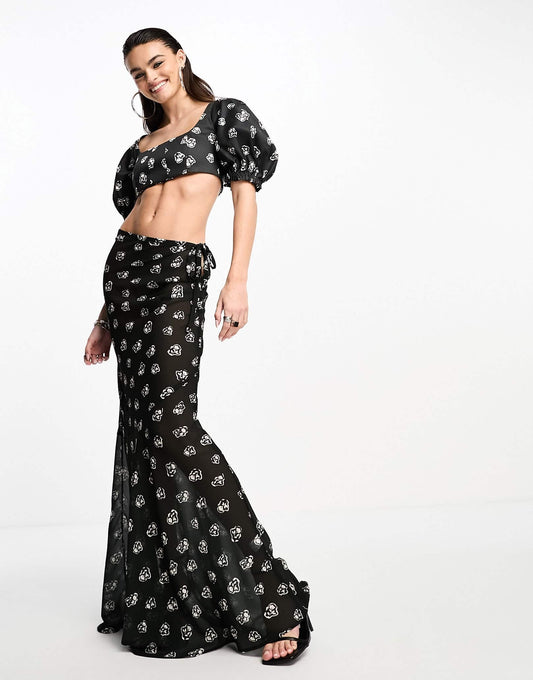 Day 6 mesh tie side maxi skirt co-ord in black ditsy print