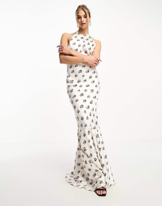 Day 6 satin high neck puddle maxi dress with low back in cream ditsy print
