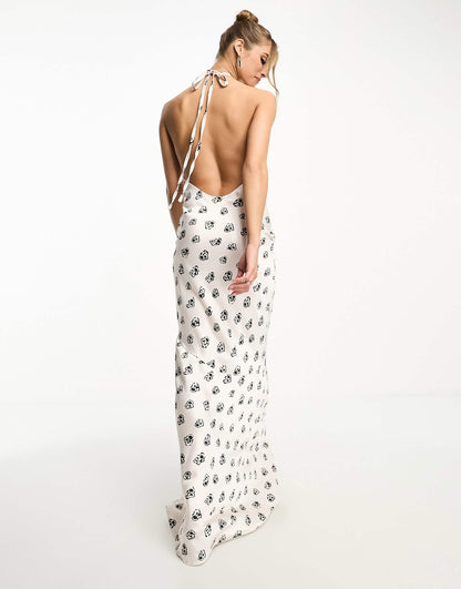Day 6 satin high neck puddle maxi dress with low back in cream ditsy print