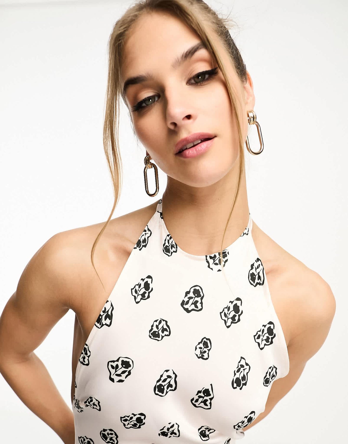 Day 6 satin high neck puddle maxi dress with low back in cream ditsy print