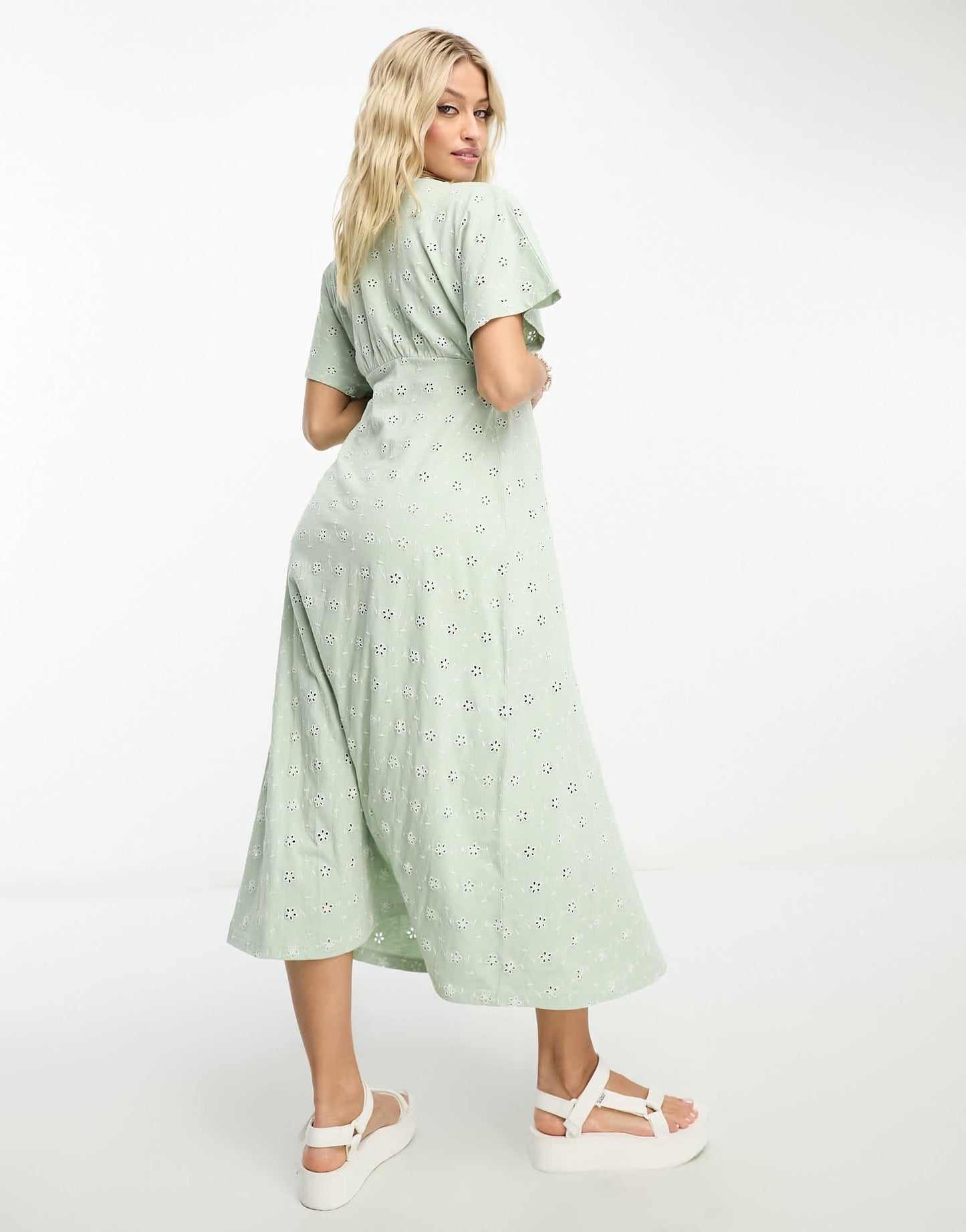 ASOS DESIGN Maternity broderie v neck midi dress with buttons in sage and cream contrast