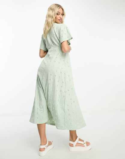 ASOS DESIGN Maternity broderie v neck midi dress with buttons in sage and cream contrast