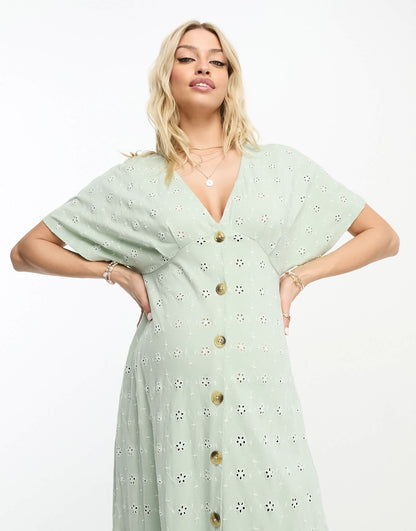 ASOS DESIGN Maternity broderie v neck midi dress with buttons in sage and cream contrast