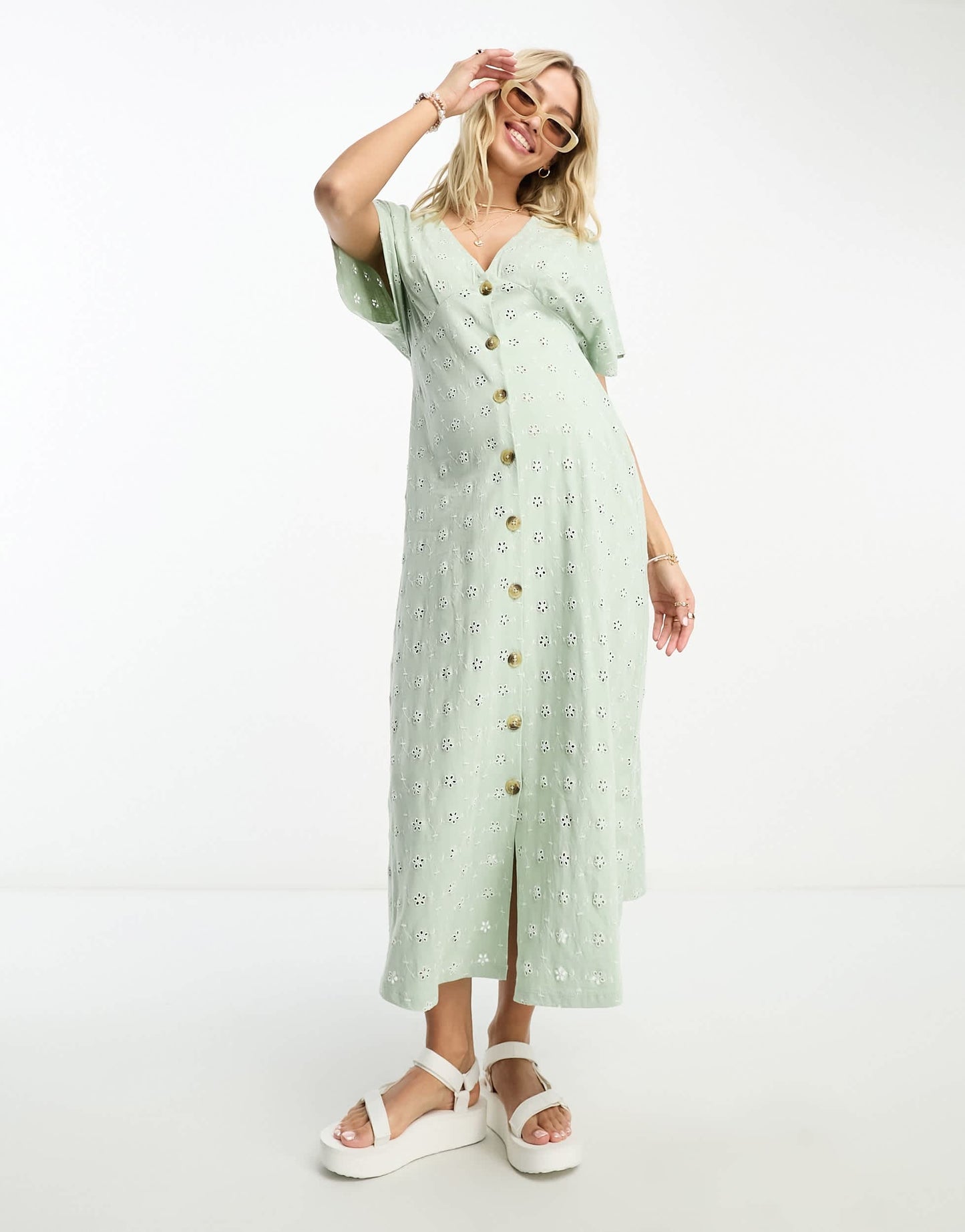 ASOS DESIGN Maternity broderie v neck midi dress with buttons in sage and cream contrast