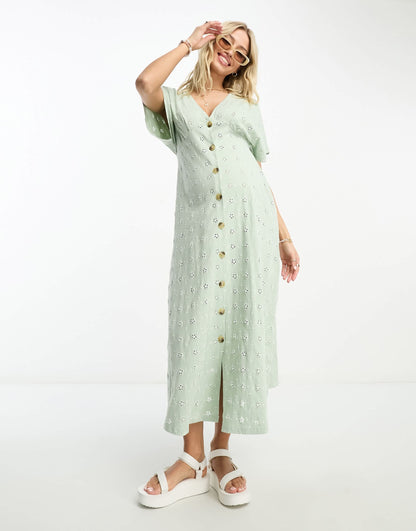 ASOS DESIGN Maternity broderie v neck midi dress with buttons in sage and cream contrast