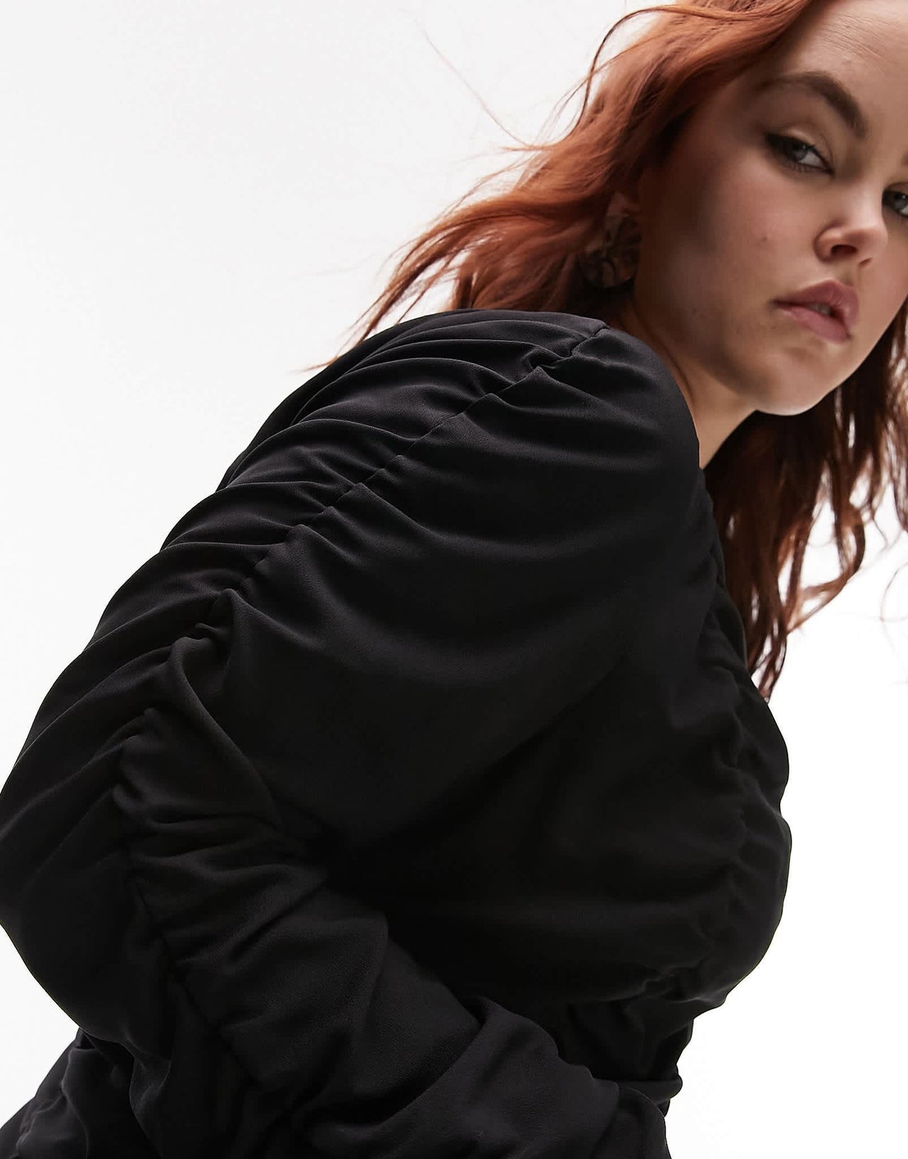 Topshop Curve ruched long sleeve shirred top in black