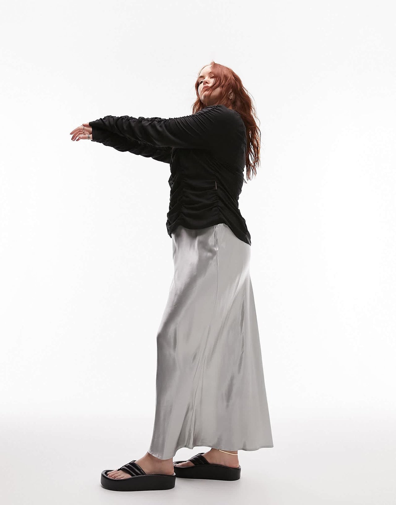 Topshop Curve ruched long sleeve shirred top in black