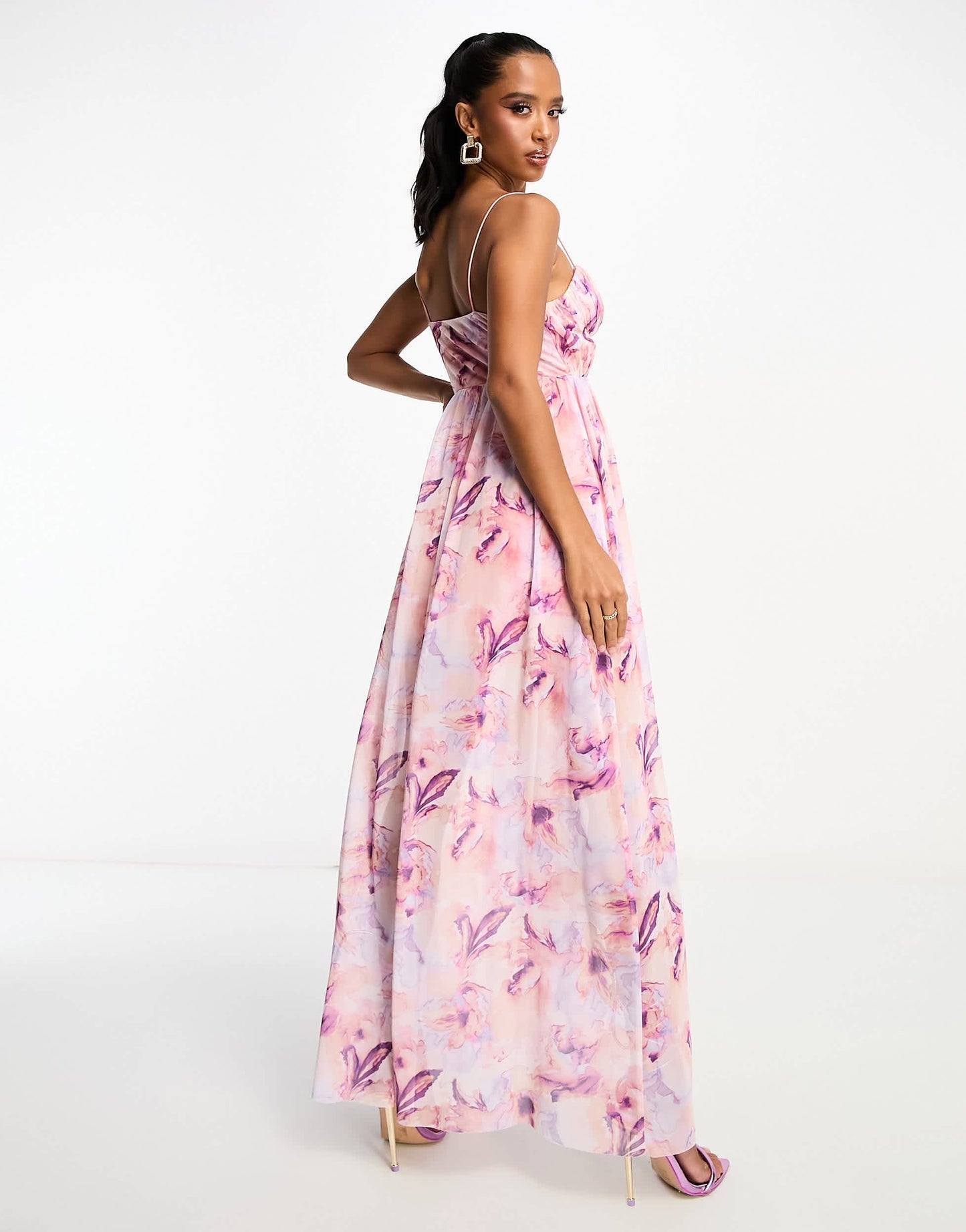 ASOS DESIGN Petite cami mesh maxi dress with sash in pink smudge print