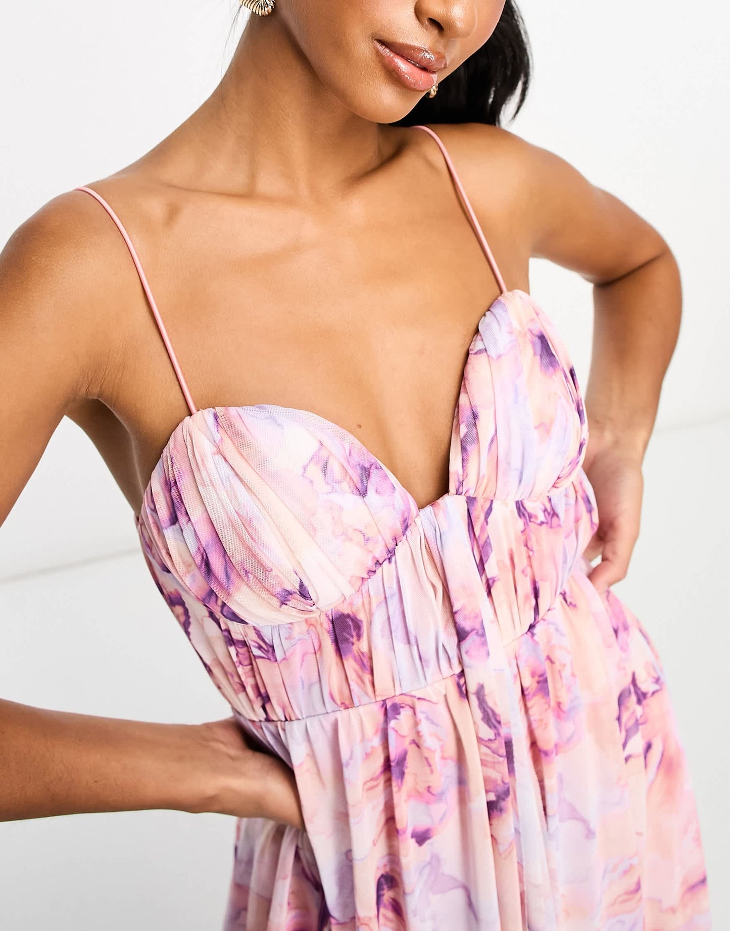ASOS DESIGN Petite cami mesh maxi dress with sash in pink smudge print
