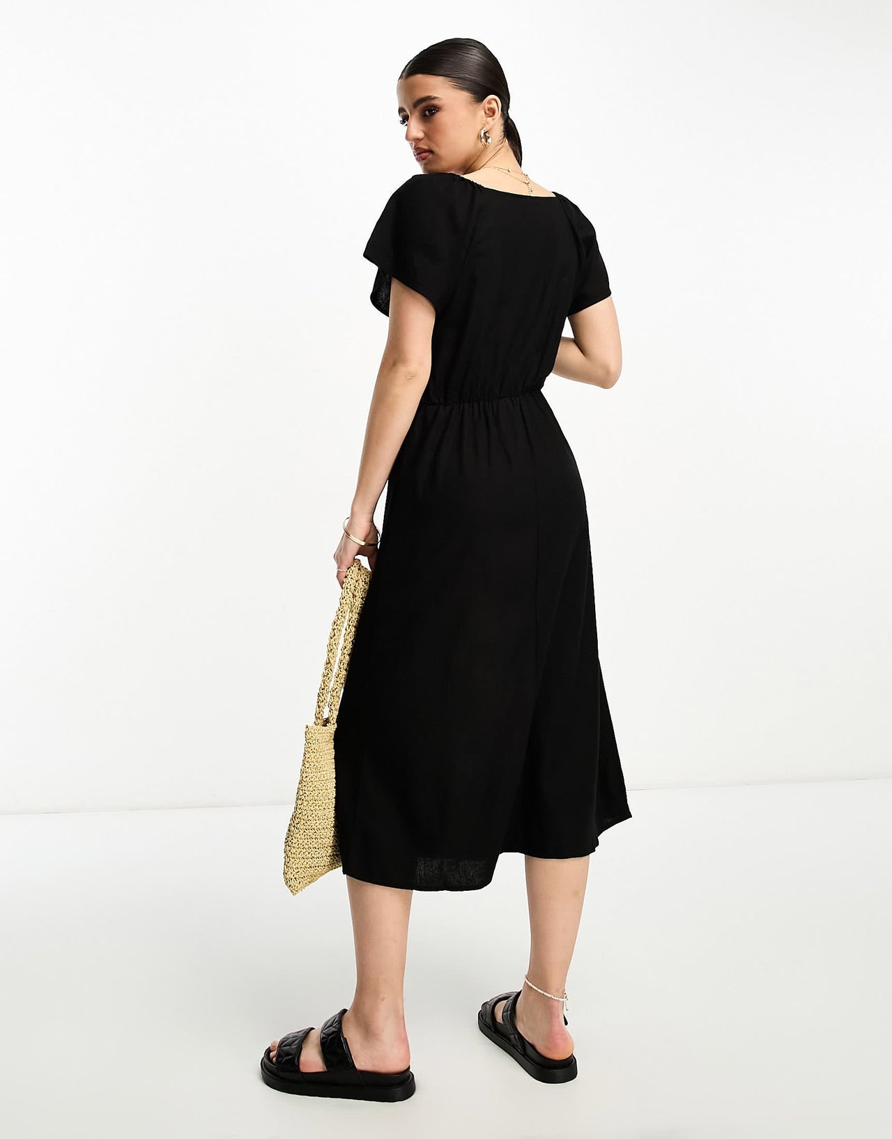 Vero Moda linen touch flutter sleeve midi dress in black