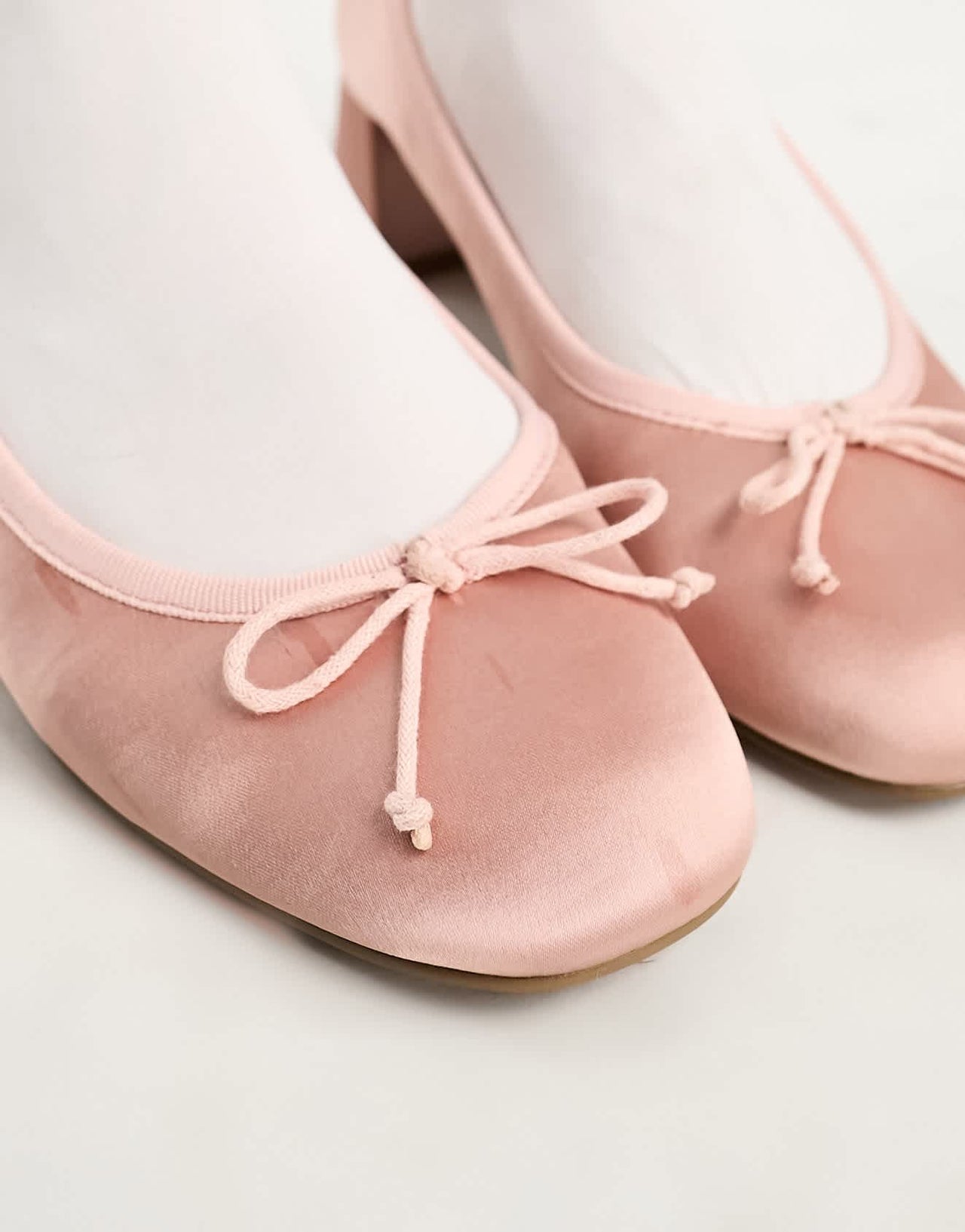 ASOS DESIGN Steffie bow detail mid block heeled shoes in blush satin